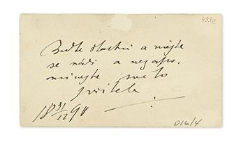 DVORÁK, ANTONÍN. Autograph Quotation, unsigned, in Czech, on the verso of his calling card: